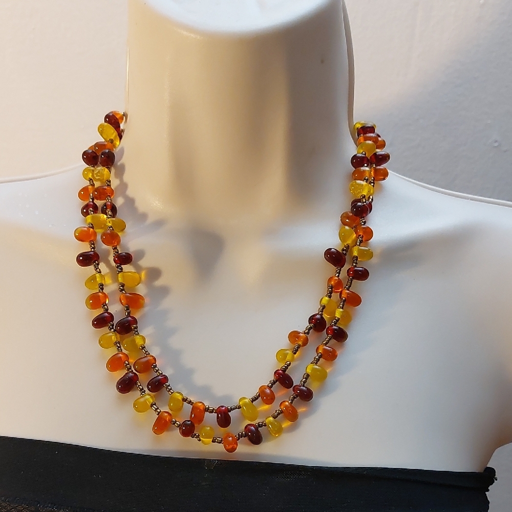Charming Charlie Citrine Carnelian Deep Red Glass Beads Statement Necklace 42 in